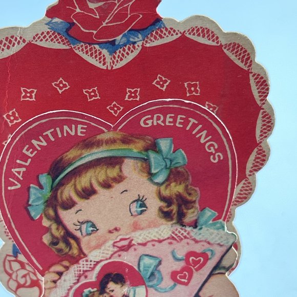 Vintage Pull Down Valentine Card Girl Fan Folding Flowers Roses USA Ephemera - Picture 5 of 13